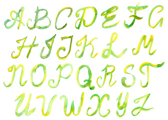 Watercolor hand painted colorful yellow and green gradient alphabet letters isolated on the white background for graphic design and invitations