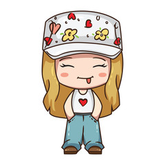 Vector illustration of cute chibi character. Cartoon girl in blue jeans, white t-shirt and hat with flower print.