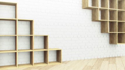Realistic wooden shelves brick wall for decoration design. Store display. 3d render vintage pattern. Vintage texture.