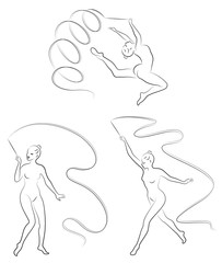 Collection. Rhythmic gymnastics. Silhouette of a girl with a ribbon. Beautiful gymnast. The woman is slim and young. Vector illustration set.