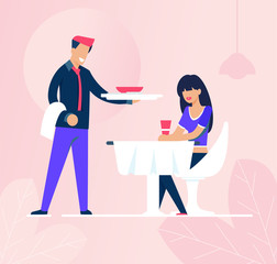Waiter and Sad Woman Sitting Along in Restaurant