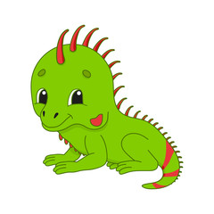 Green iguana. Cute character. Colorful vector illustration. Cartoon style. Isolated on white background. Design element. Template for your design, books, stickers, cards, posters, clothes.