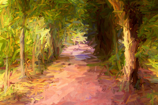 Abstract painting of long dark tree avenue in an old English landscape park in impressionistic style.