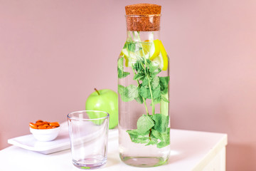 detox drink with mint and lemon, healthy eating and diet