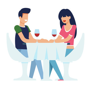 Happy Man and Woman Talking during Romantic Dinner