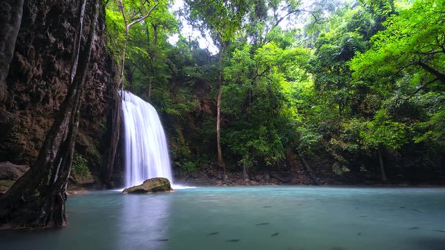 4K, Time lapse Beautiful waterfall erawan  Waterfall waterfall in kanchanaburi province Thailand