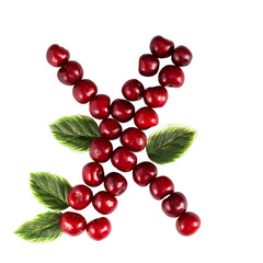 One English letter X Alphabet of ripe cherries. Isolate on white background. Summer, healthy concept.
