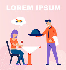 Waiter Brings Food Order for Girl Sitting at Table