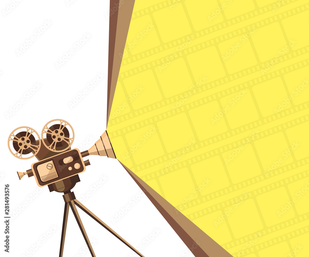 Wall mural Old vintage camcorder on tripod and cinema tape isolated on yellow background. Vector template banner for cinema festival. Film cinema poster design with sample for your text.Movie time art background