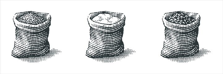 Flour, malt and coffee beans in burlap bag with bunch of dry ears. Hand drawn engraving style illustrations.