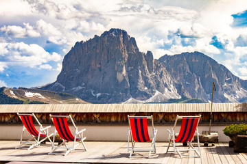 beautiful view to place of rest with sunbeds near funicular Col Raiser, captured with one of the...