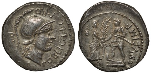 Roman Republic silver coin denarius 46-45 BC, coinage of Pompey the Younger, helmeted head of Mars right, Pompey and personification of Spain holding branch, 