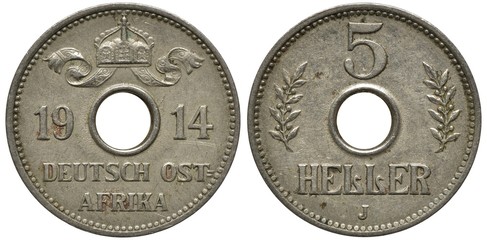 German East Africa Tanzania Tanzanian coin 5 five heller 1914, central hole divides date, crown...