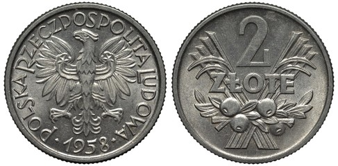 Poland Polish aluminum coin 2 two zlote 1958, country name surrounds eagle, denomination above crossed grain stalks and bunch of fruits,