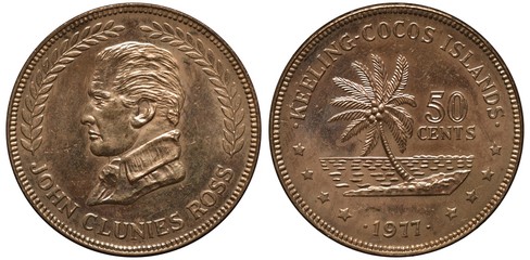 Keeling-Cocos Islands coin 50 fifty cents 1977, bust of John Clunies Ross left, sprigs flank, coconut palm with coconuts, ocean and waves behind,