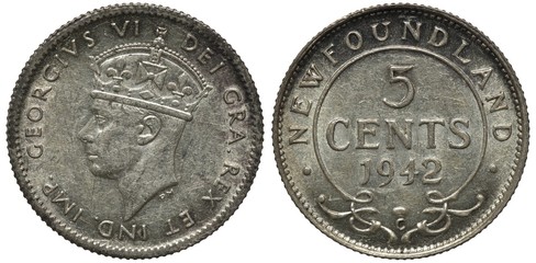 Newfoundland silver coin 5 five cents 1942, head of King George V left, country name, denomination and date,
