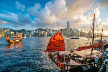 Victoria Harbour Hong Kong  with vintage ship