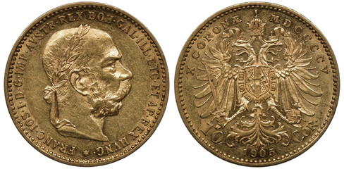 Hungary Hungarian golden coin 10 ten corona 1905, laureate head of Emperor Franz Joseph right, crowned eagle with two heads holding sword, scepter and orb, shield on chest, denomination and date,