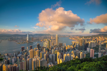 Panoramic view of Victoria Harbor and Hong Kong skyline