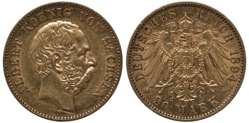 Germany German Saxony Saxon golden coin 20 twenty mark 1894, head of King Albert right, eagle of...