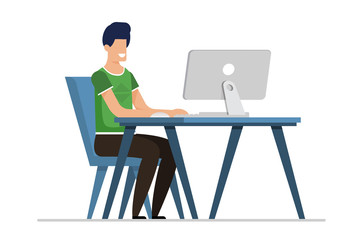 Fototapeta na wymiar Flat Cartoon Man Having Online Dating on Computer