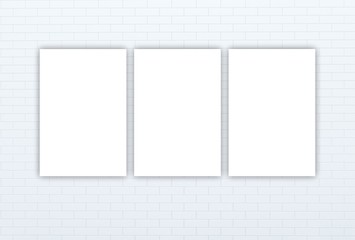 Three posters hanging on the wall, mock up. 3d render