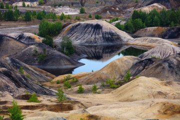 landscape of clay refractory mining hills with water