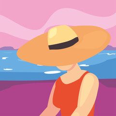 beautiful woman with swimsuit and hat summer time