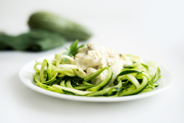 Green Zucchini Noodles with white Alfredo Sauce