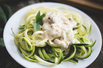 Green Zucchini Noodles with white Alfredo Sauce