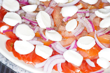 Tomato mozzarella salad with washed tomatoes in rings cut onions and mozzarella