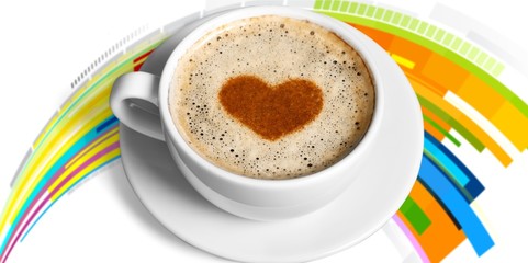 Cup of coffee with heart on white  background, energy drink.