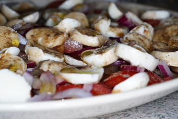 Tomato mozzarella salad with washed tomatoes in rings cut onions and mozzarella