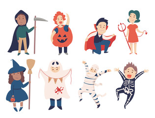 Children in halloween costumes of witch, vampire and devil are ready for Happy Halloween Party. Isolated on white background with reflection.