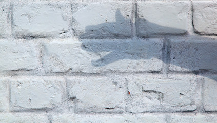Shadow of the hands in the form of a dog head on a brick wall. Concept - careful and guard.