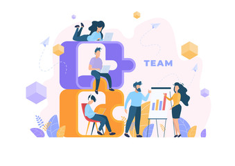 Business Concept. Work in the team, people are part of the puzzle of a successful business. Vector illustration