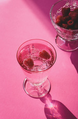 Sparkling water with raspberries in a Champagne glass, isolated on pink gradient background.