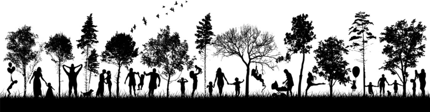 Silhouettes Of People In Nature. Happy Families Together. Vector