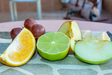 apple, banana, circle, citrus, cut, food, fresh, fruit, grape, green, group, half, isolate, isolated, juice, lemon, lime, mix, object, orange, organic, plate, raw, ripe, round, section, slice, vegetar