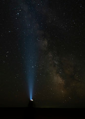 A female silhouette pointing a head-light on  the Milky Way direction - Gobi Desert, Mongolia