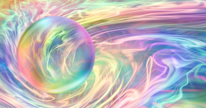 Rainbow Orb and Flowing Rainbow Energy - Transparent bubble with rainbow edges against an ethereal gaseous stream of flowing rainbow colours with space for copy