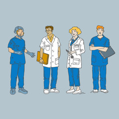 An image of four people of a medical staff: a doctor (a woman), a doctor (a man), a surgery nurse and a nurse boy wearing special medical clothes