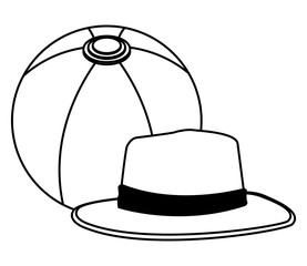 Summer hat and beach ball cartoon in black and white