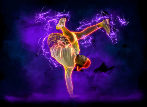 Man break dancing on lightning background