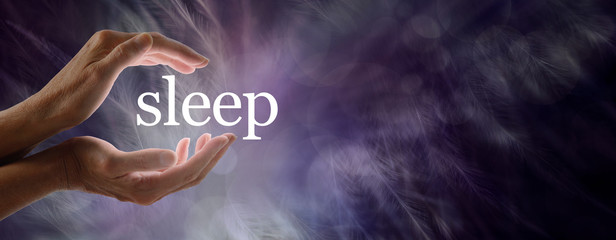 Sleep Concept Banner -  female hands cupped around the word SLEEP against a dark purple feather background with copy space on right side - obrazy, fototapety, plakaty
