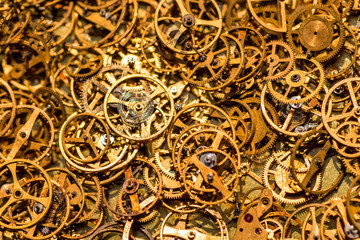 Mechanical watch repairing concept. closeup the parts of mechanical wristwatch.Detail of clock parts for restoration