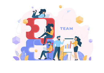 Fototapeta na wymiar Business Concept. Work in the team, people are part of the puzzle of a successful business. Vector illustration