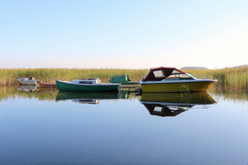 Sailing and fishing boats surrounded by reeds in a calm lake bay in picturesque sunrise scenery.