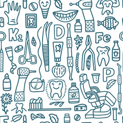 Dental Pattern with Dental Instruments and Teeth in Doodle Style