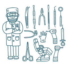 Fototapeta na wymiar Dentist with Dental Instruments in Doodle Style